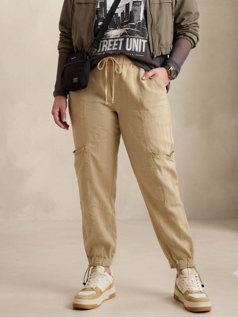 Nicole Miller Women's Size Large Khaki Linen Lyocell Blend Cargo Joggers Pants